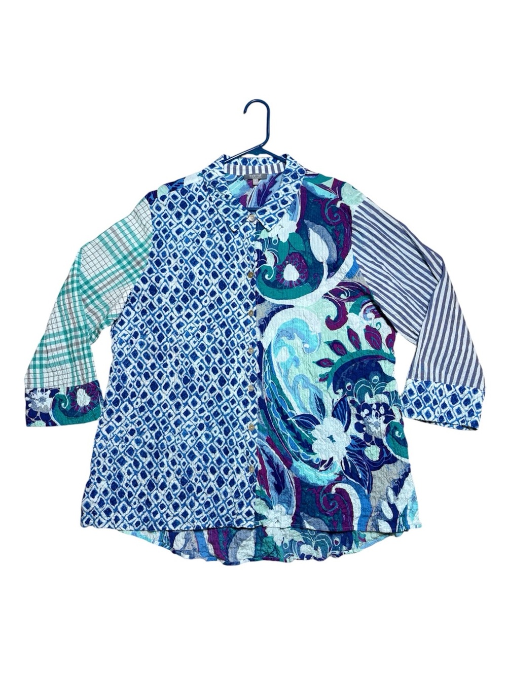 Habitat Stir It Up Mixed Print Crinkle Blouse In Blues/Greens Sz Xl